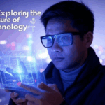 Featured image for Augmented Reality 2025 article, showing a person using AR glasses with holographic digital elements in a futuristic city at night, with text overlay, neon lights, and a blue-purple gradient background.
