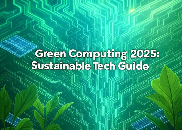 Green Computing 2025: Sustainable Tech Guide banner showcasing eco-friendly technology with green circuits, leaves, and solar panels on a futuristic blue-purple gradient background.