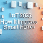 IoT 2025: How It Improves Smart Homes banner showcasing smart home technologies with interconnected devices like thermostats and cameras on a soft blue-to-orange gradient background.