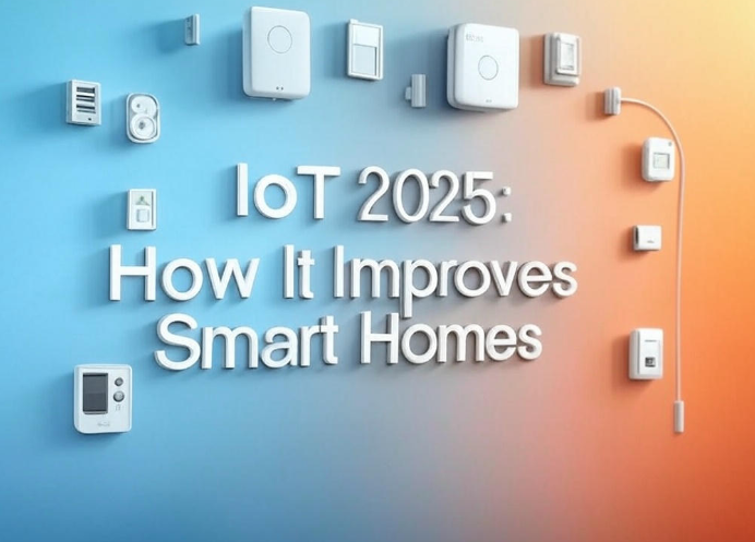 IoT 2025: How It Improves Smart Homes banner showcasing smart home technologies with interconnected devices like thermostats and cameras on a soft blue-to-orange gradient background.