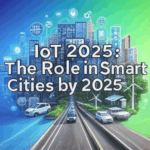 IoT 2025: The Role in Smart Cities by 2025 banner showcasing urban efficiency with smart sensors and traffic systems on a blue-to-orange gradient background.