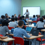 IoT 2025: Transforming Learning in Education by 2025 banner showcasing smart classrooms with IoT devices on a blue-to-green gradient background.