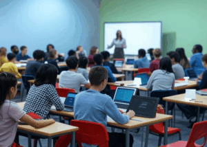 IoT 2025: Transforming Learning in Education by 2025 banner showcasing smart classrooms with IoT devices on a blue-to-green gradient background.